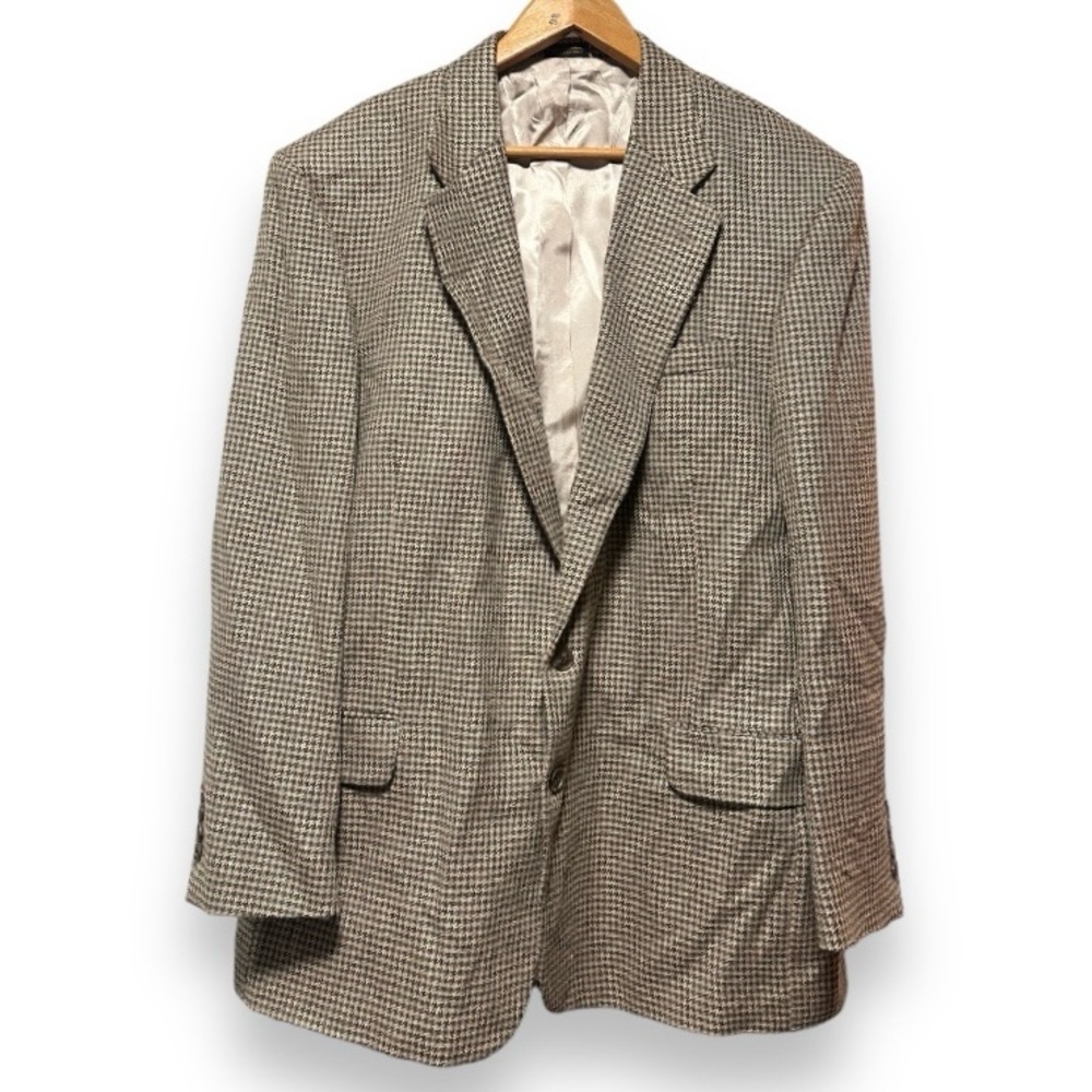 Vintage 80s Andhurst Tan Beige Houndstooth Wool Blend Sport Coat Mens Size 46L